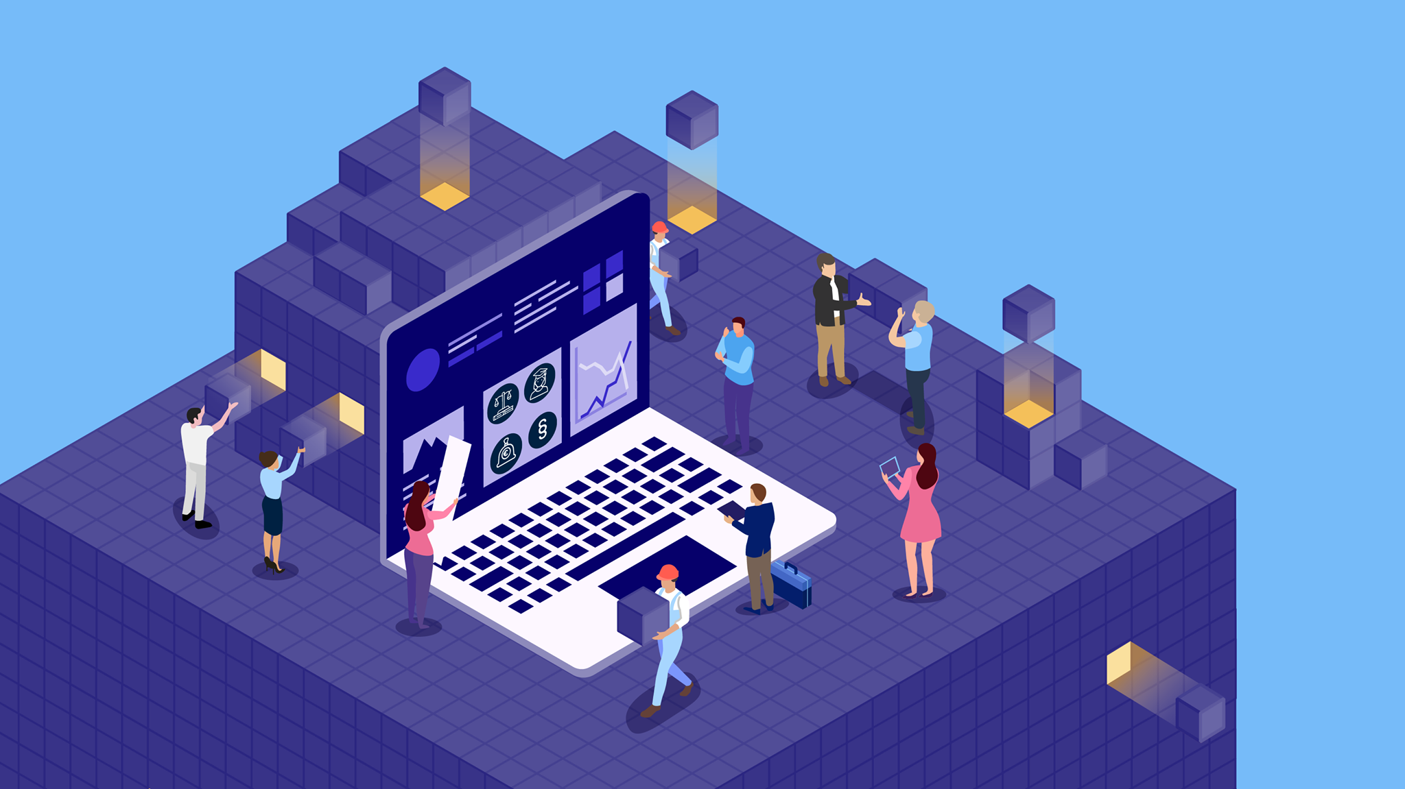 Tegning av datamaskin og mennesker