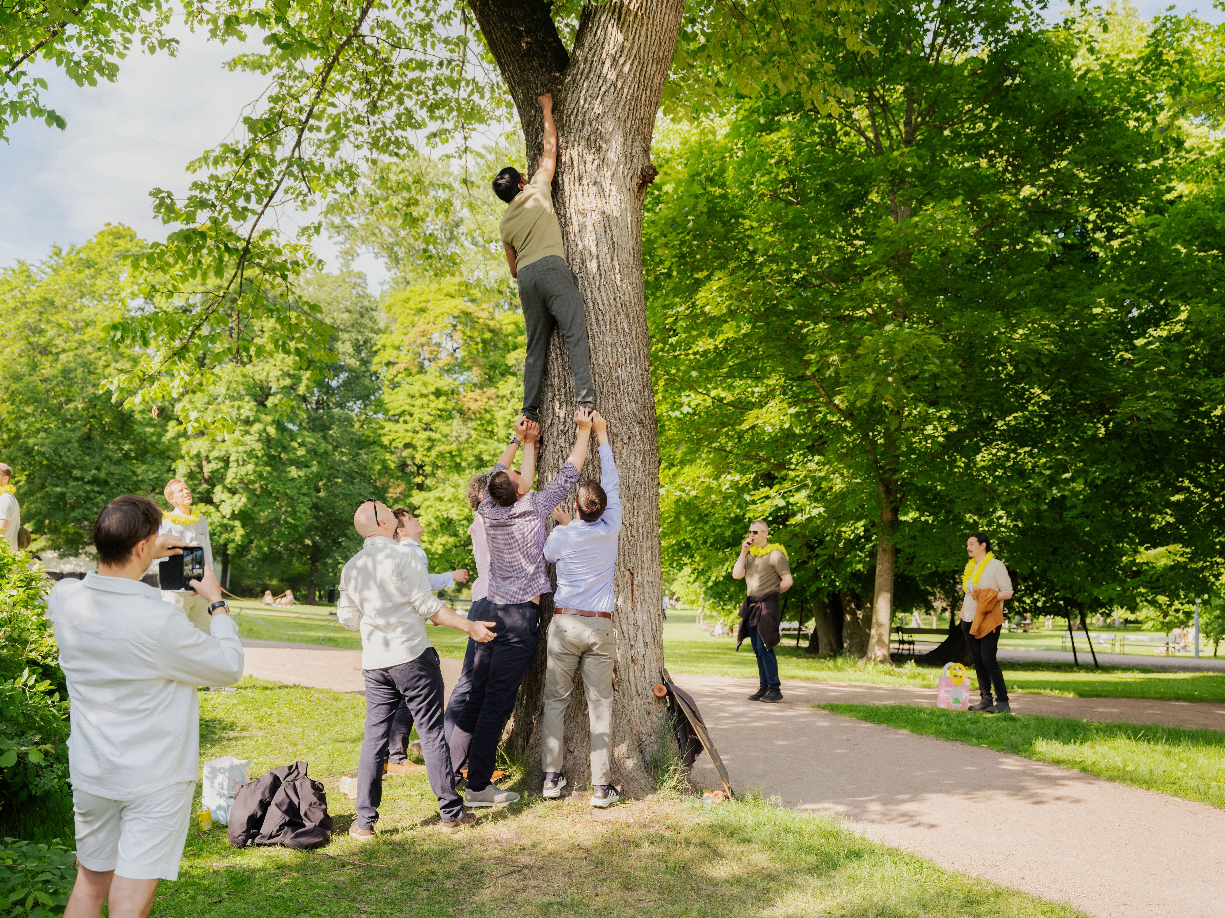 Medarbeidere i Systek som samarbeider for å hjelpe en kollega med å klatre oppi et tre 