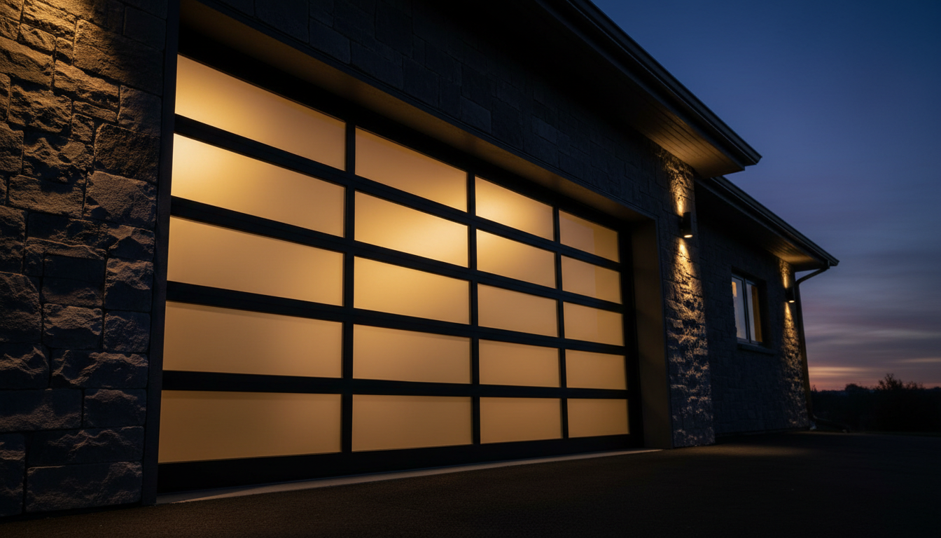 Modern garage door with warm interior light, showcasing precision craftsmanship and premium materials