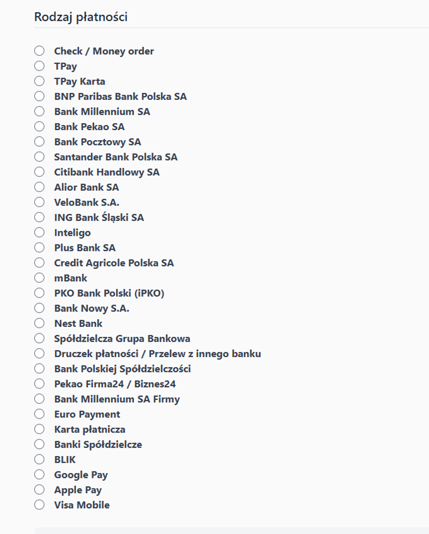 Screen view showing a great variety of payment methods to choose from for the user who wants to make purchases from the online store. 