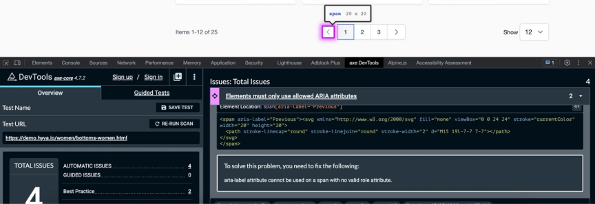 axeDevtools browser extension example - investigating an issue