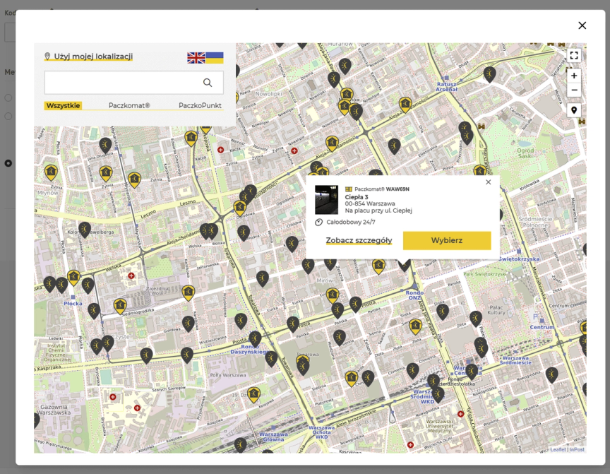 Screen view from the selection of available parcel machines on the map. 