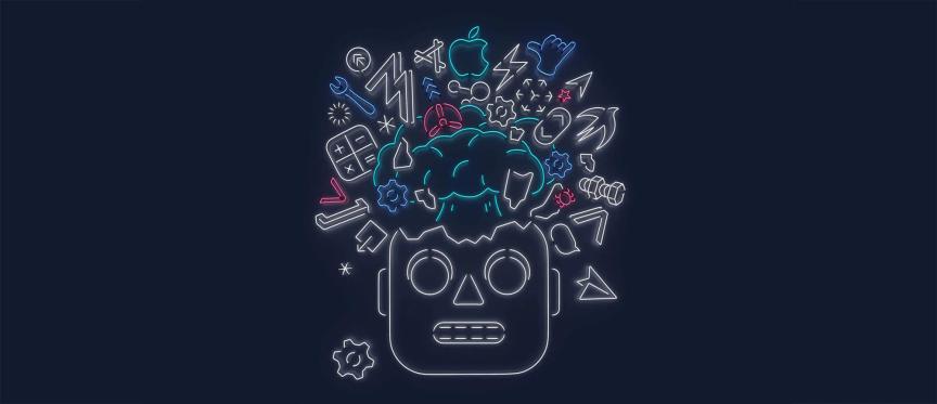 Robot's head blows up with Apple's logo, screws, sparrow, hands etc.