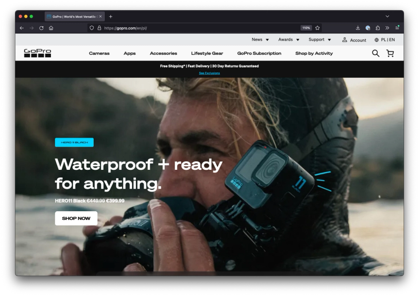 Screenshot from the gopro website showing the use of placing courtesy navigation links in the footer, providing a clear separation from the primary navigation associated with the product.