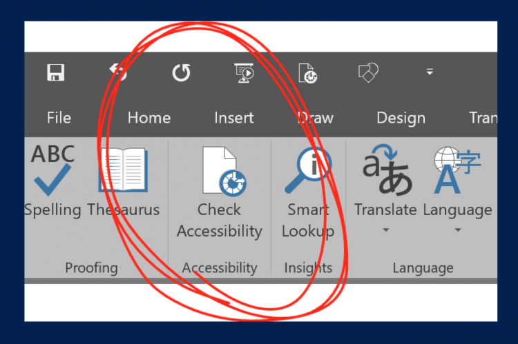 Microsoft word screenshot accessibility check button toolbar