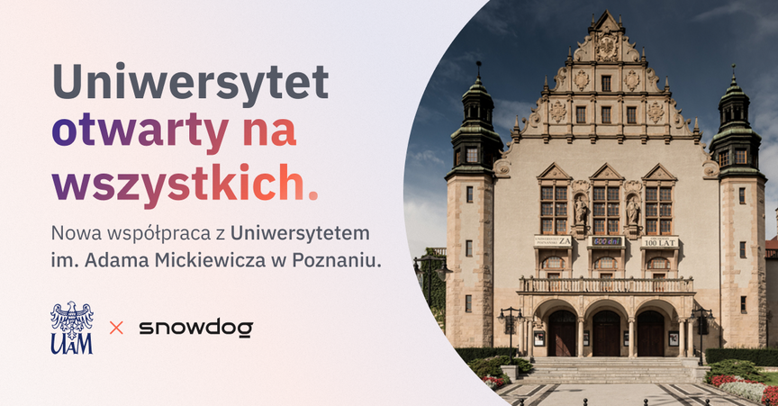 A graphic with picture of Collegium Minus - Adam Mickiewicz University's main building in Poznań. On the left side there's a sign "Uniwersytet otwarty na wszystkich. Nowa współpraca z Uniwersytetem Adama Mickiewicza."