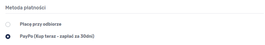 Screen view of the payment method selection and the selected option "PayPo - pay in 30 days". 