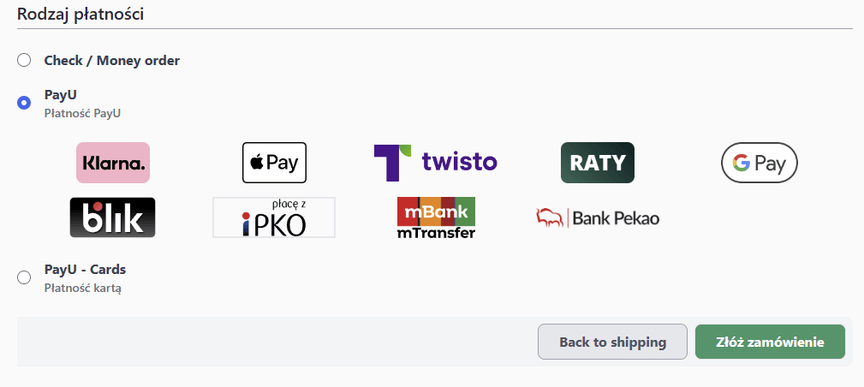 Sreen view from the selection of the payment method with the option "PayU" selected, below are the logos of Apple Pay, twiso, Google Pay, among others. 