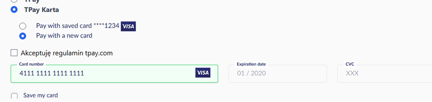 Screen View showing selection of payment method as "tpay card" and fields for entering new credit card details. 