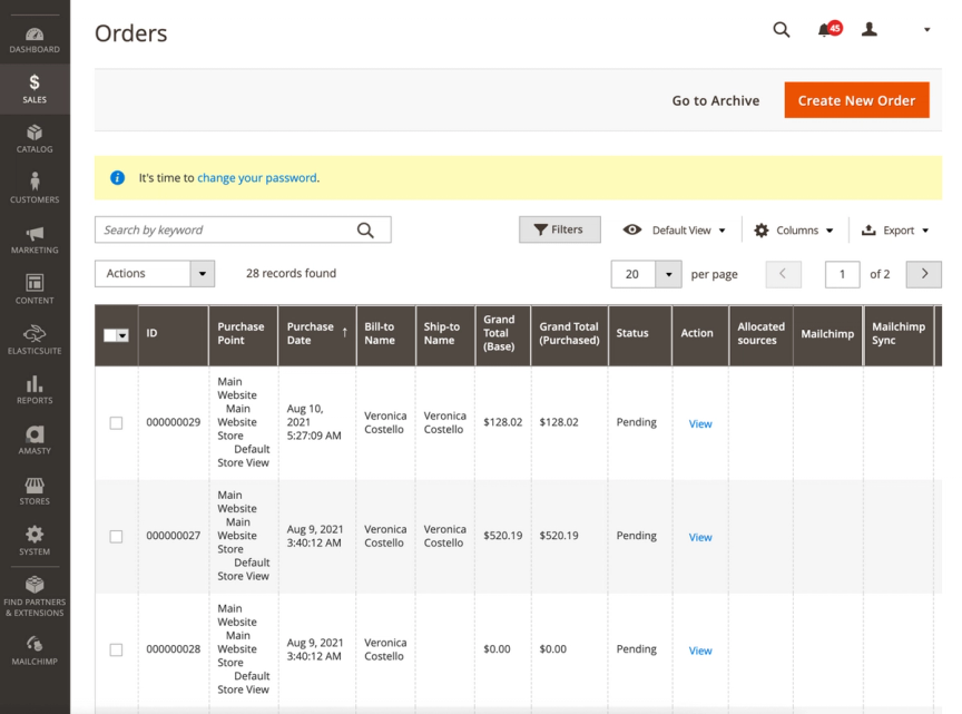 Orders management view in Magento dashboard