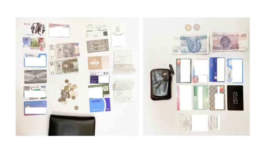 Two different pictures side-by-side. On both we have cash, coins, cards and wallet, but on the left side they are in disorder on the right side they are sorted and neatly laied out.