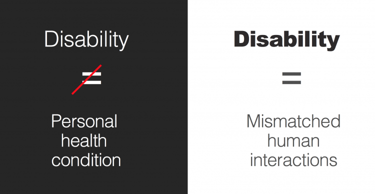 Disability is not a personal health condition, it is mismatched human interaction. Slide from the presentation of Hector Minto from Funka Accessibility Days 2018.