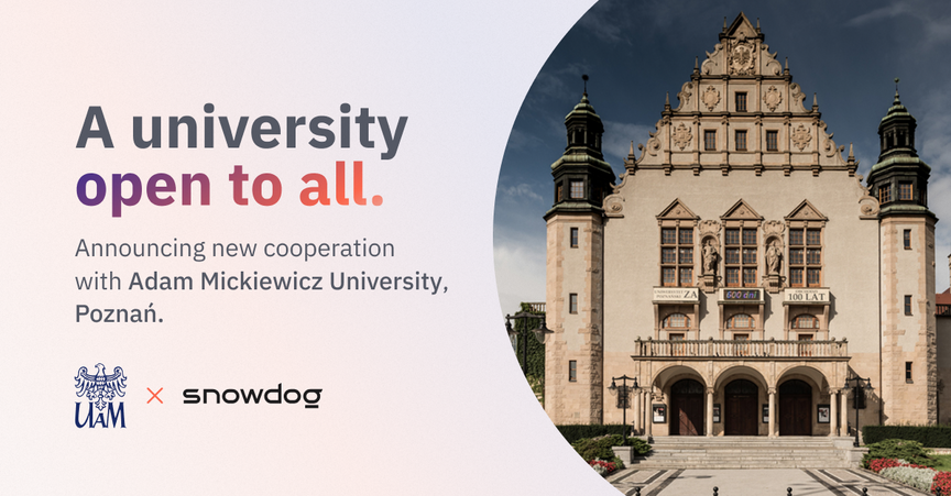 A graphic with picture of Collegium Minus - Adam Mickiewicz University's main building in Poznań. On the left side there's a sign "A university open to all. Announcing new cooperation with Adam Mickiewicz University. UAM x Snowdog"