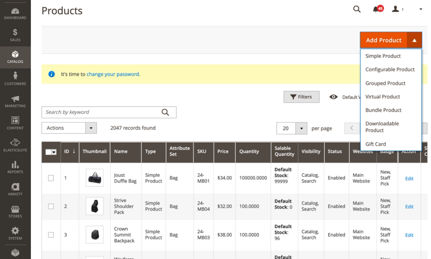 Products view in admin panel