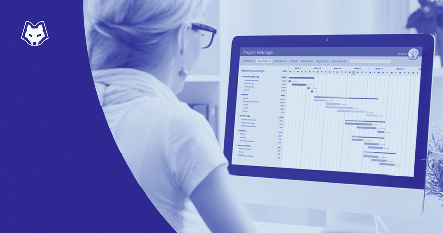 A photo of a woman sitting in front of a computer screen with some kind of schedule planner for Project Managers