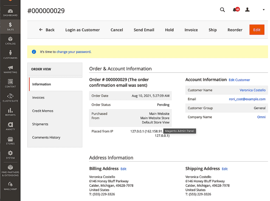 Order and account information view in Magento dashboard