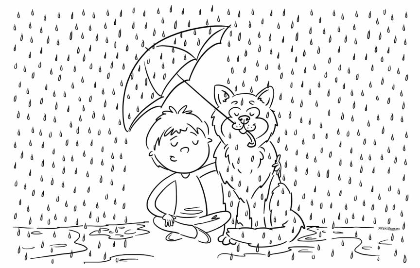 A child sits down with a dog and umbrella over their heads.