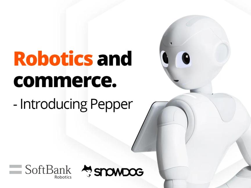 Pepper the humanoid robot is looking at the sign "Robotics and commerce.-Introducing Pepper"