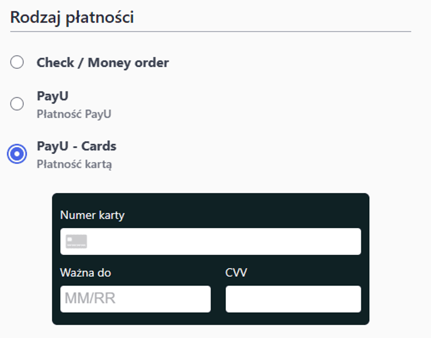 Screen view from the selection of the payment method with the option "PayU - Cards" selected, below is a field for entering credit card details. 