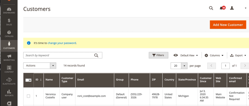 Customers management view in magento dashboard