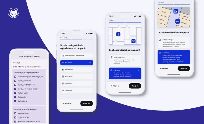 The image shows mockups of a cell phone, with the UAM Go mobile application displayed. The graphic shows the process of refining and changing the app.