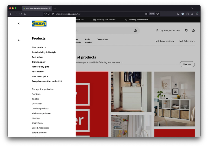 A screenshot from Ikea's website, showing the initialization of product categories with thematic groups, making it easier for users to discover relevant items.