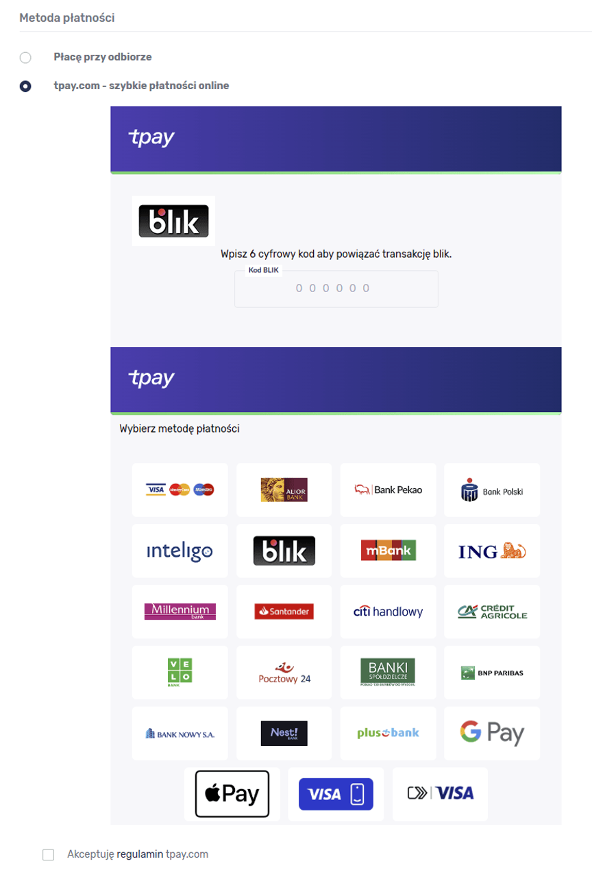 Screen view of payment method selection and selected, selected option "tpay - fast online payments". Below is the Blik logo with a box for entering the code.  Even lower are the logos of various payment gateways and banks. 