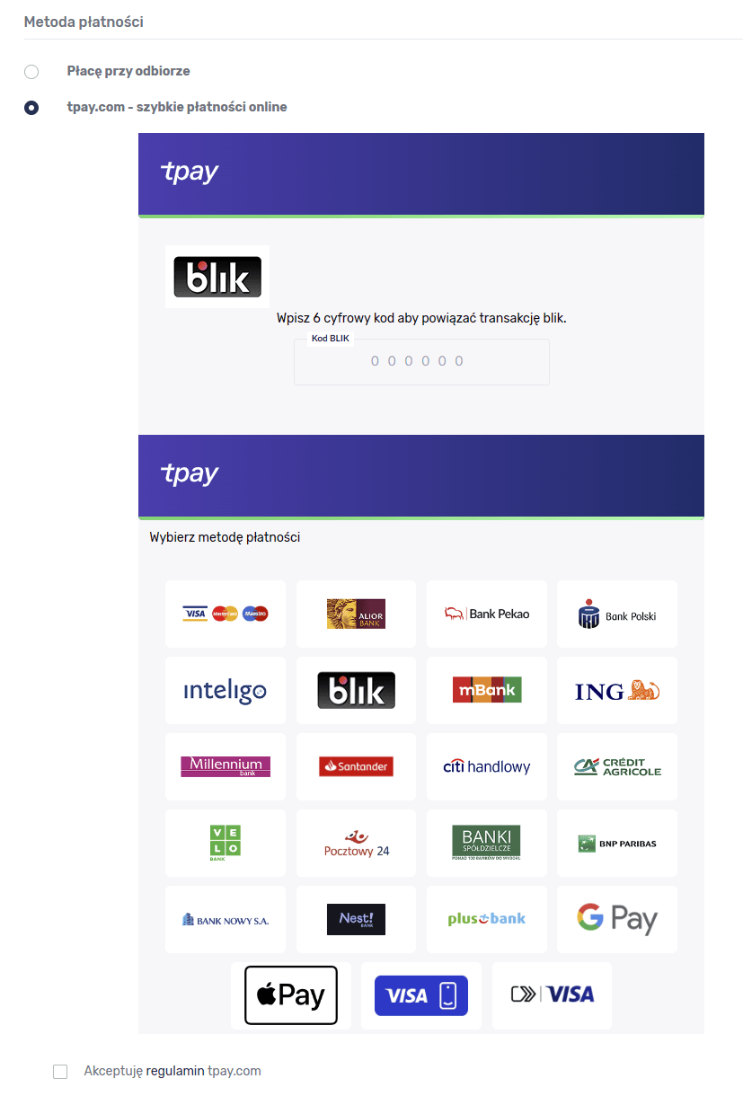 Screen view of payment method selection and selected, selected option "tpay - fast online payments". Below is the Blik logo with a box for entering the code. Even lower are the logos of various payment gateways and banks.
