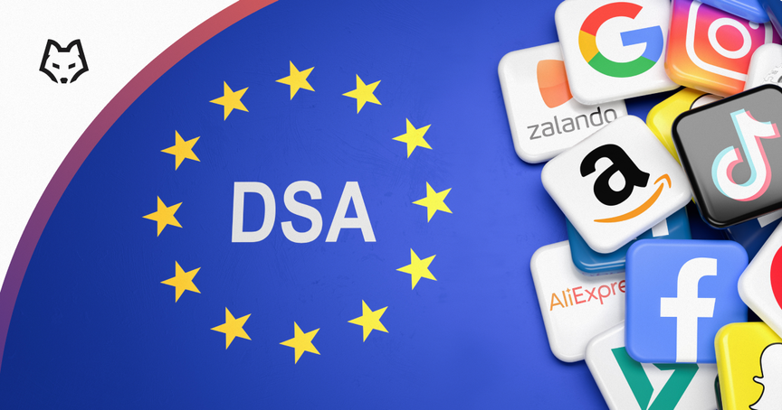The graphic depicts the flag of the European Union, with the words DSA-an acronym for Digital Servies Act-on it. On the right side there are logos of various well-known portals such as Zalando, Aliexpress, or Tik Tok.