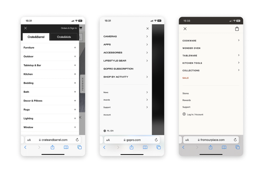 The image shows 3 examples mobile views showing how to effectively leveraging mobile menus to offer quick access to vital links and provide an overview of their product offerings. 