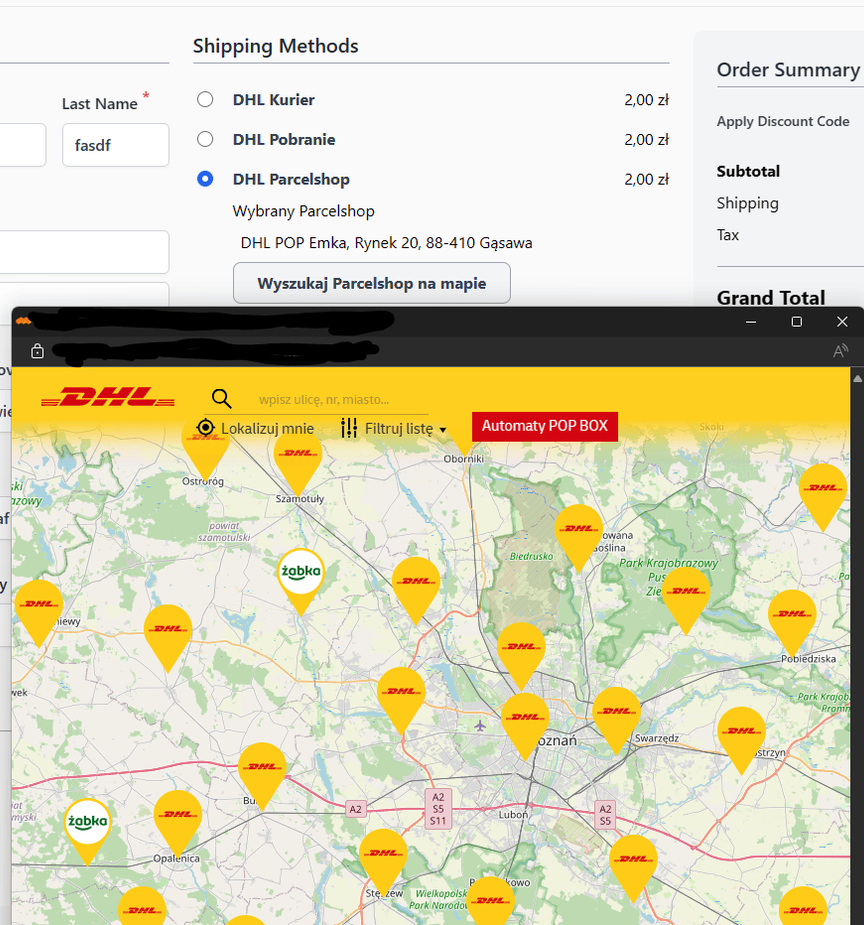 Screen from Hyva Checkout with delivery option selected as "DHL Parcelshop". The screenshot also shows a map for selecting a pickup point.