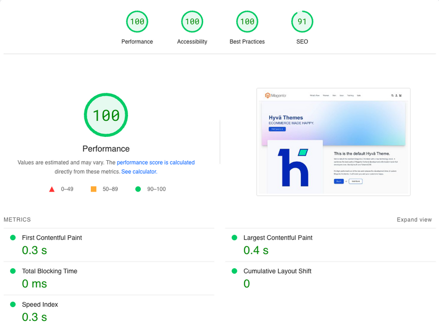 Google PageSpeed result page for www.demo.hyva.io showing score of 100 and passed all Core Web Vitals.