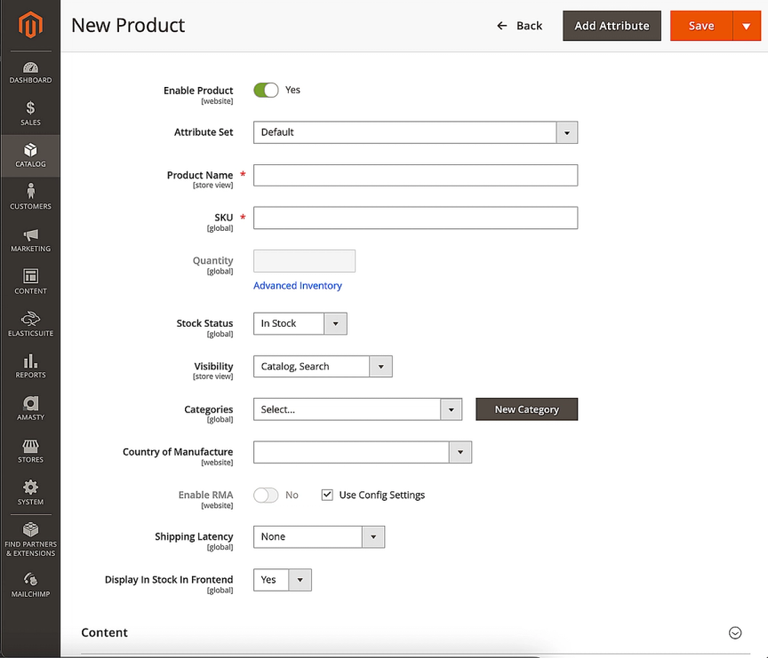 New product creation view in admin panel