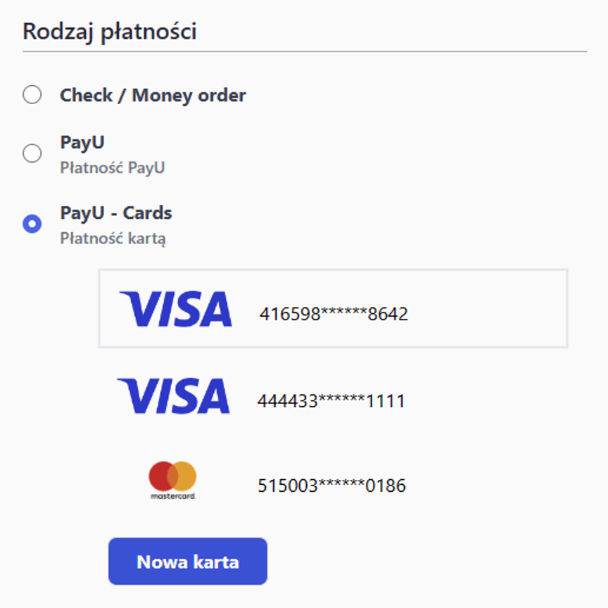 Screen View from selection of payment method with "PayU - Cards" option selected. 