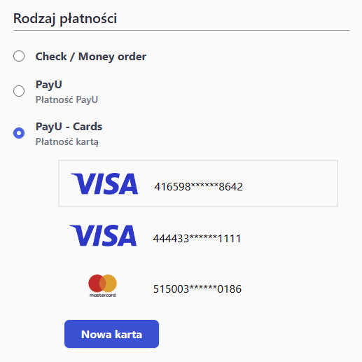 Screen View from selection of payment method with "PayU - Cards" option selected.