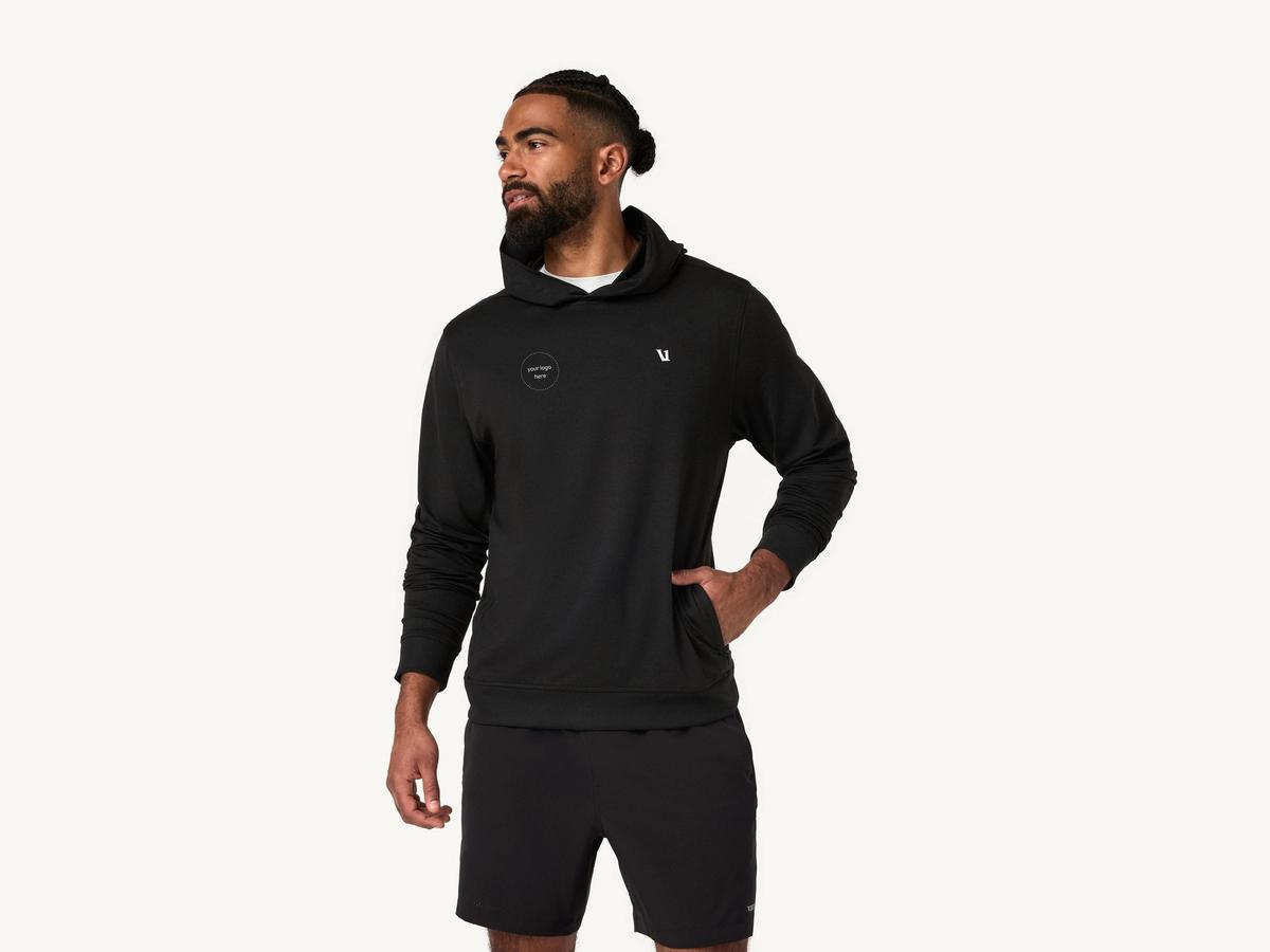 Custom Vuori Ponto Pullover Hoodie with an embroidered logo, a corporate alternative to custom Lululemon.