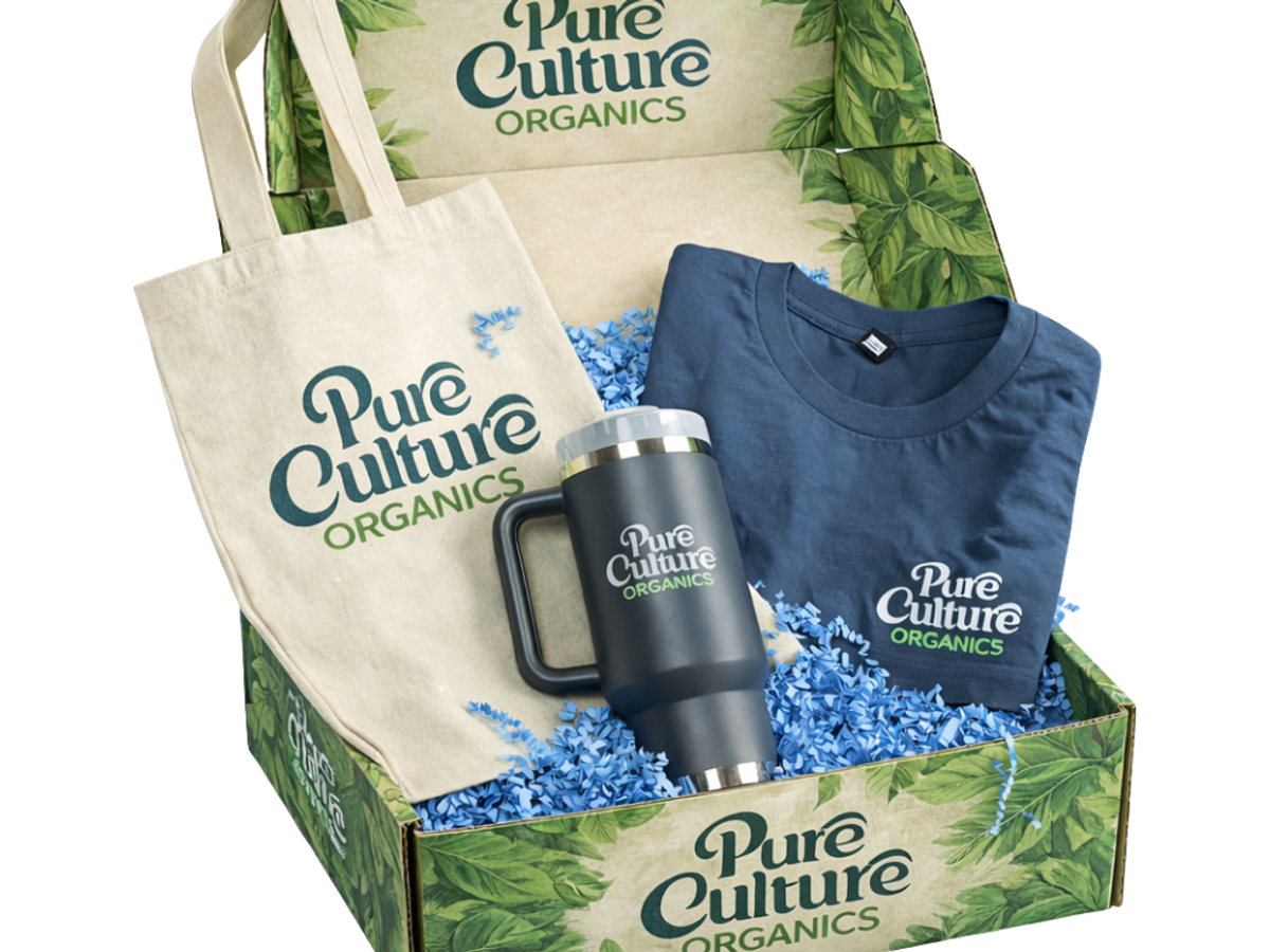 Personalized corporate gift kit for Pure Culture Organics with branded apparel, drinkware, and a custom tote.