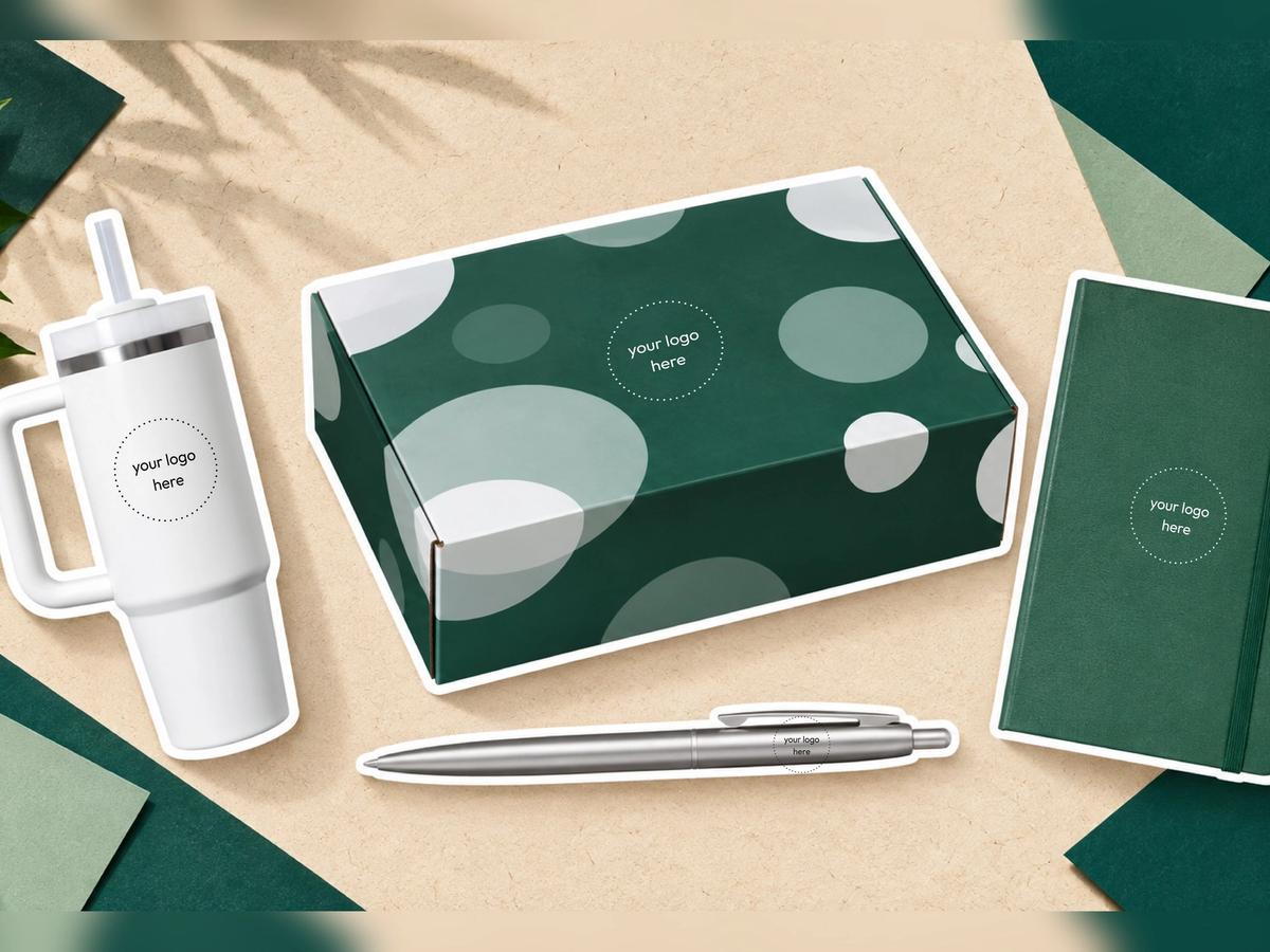 A branded swag box with a custom tumbler, pen, and notebook laid out on a cream and green background.