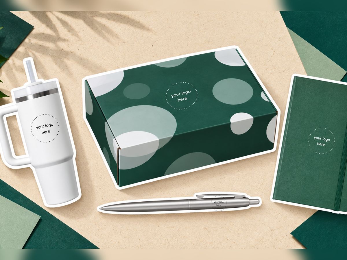 A branded swag box with a custom tumbler, pen, and notebook laid out on a cream and green background.