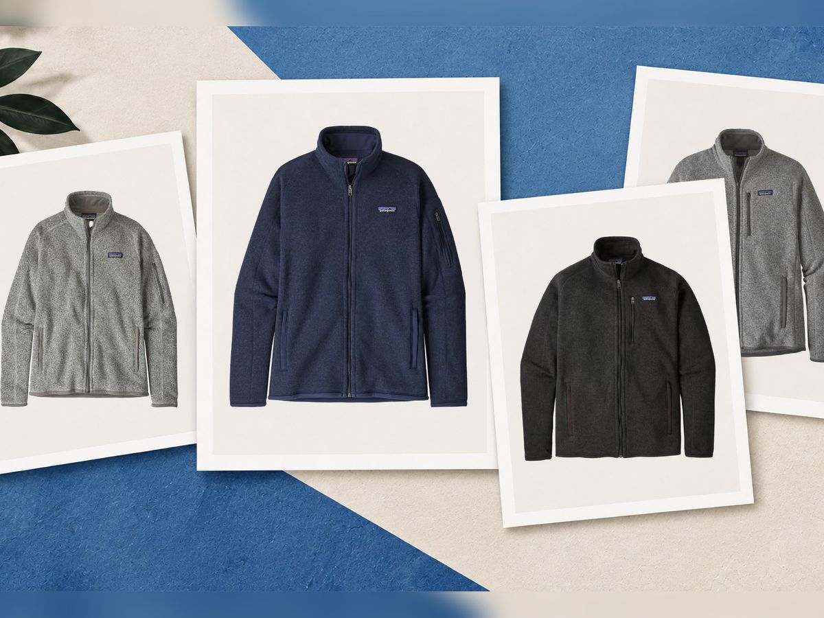 Patagonia Better Sweater fleece jackets in heather grey, navy, black, and stone on a blue and cream layout.