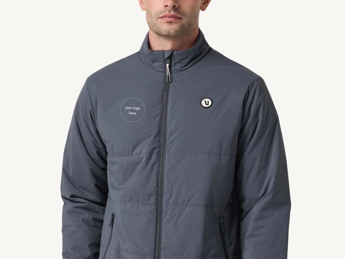 Custom Vuori Echo Insulated Jacket with an embroidered corporate logo for employee merch programs.