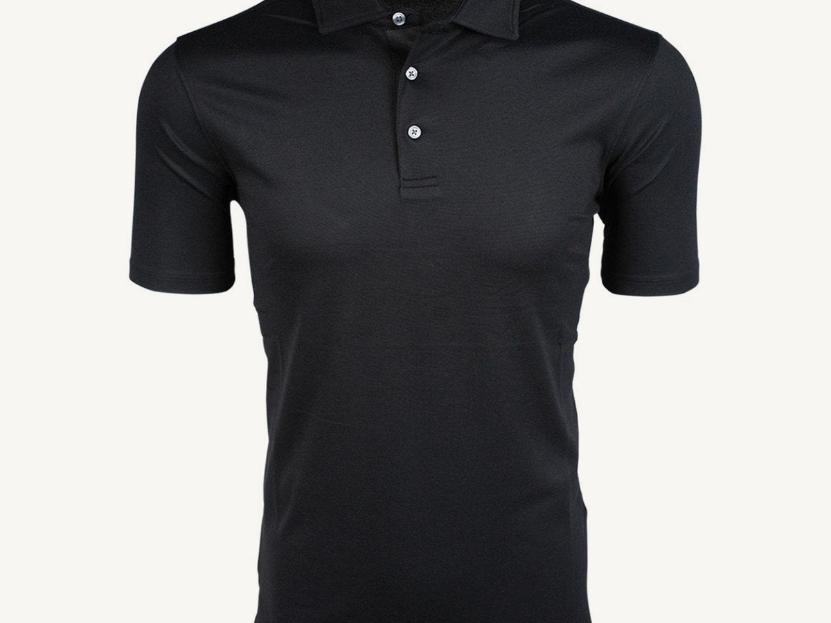 Greyson Men's Omaha Polo in black on a cream background, one of twelve custom Greyson polos.