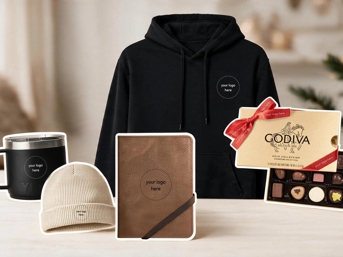 Branded chocolate gift box with an embossed logo, a premium holiday gift for clients.