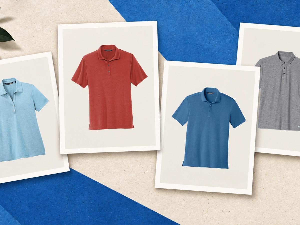 Custom corporate polos laid out on cream and blue: a women's light blue, red, blue, and grey heather polo, ready for embroidered logos.