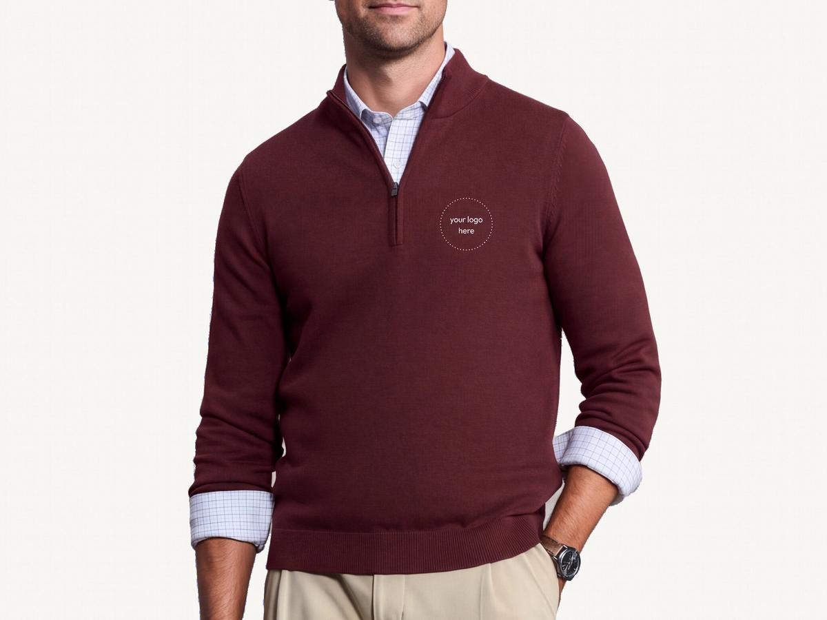 Rhone Commuter Quarter Zip Sweater on a plain background, ready for an embroidered company logo.