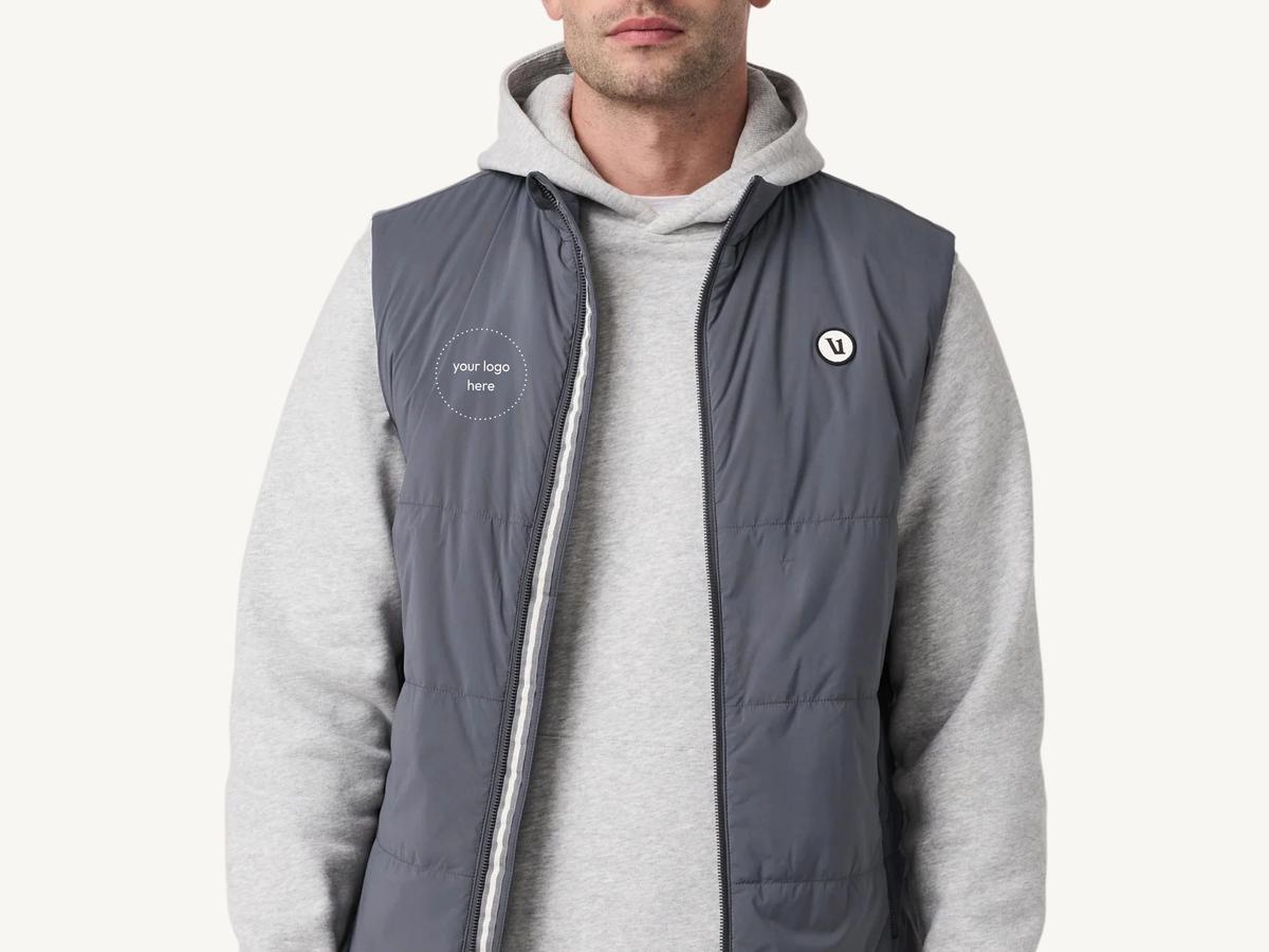 Custom Vuori Echo Insulated Vest with an embroidered corporate logo for employee merch programs.