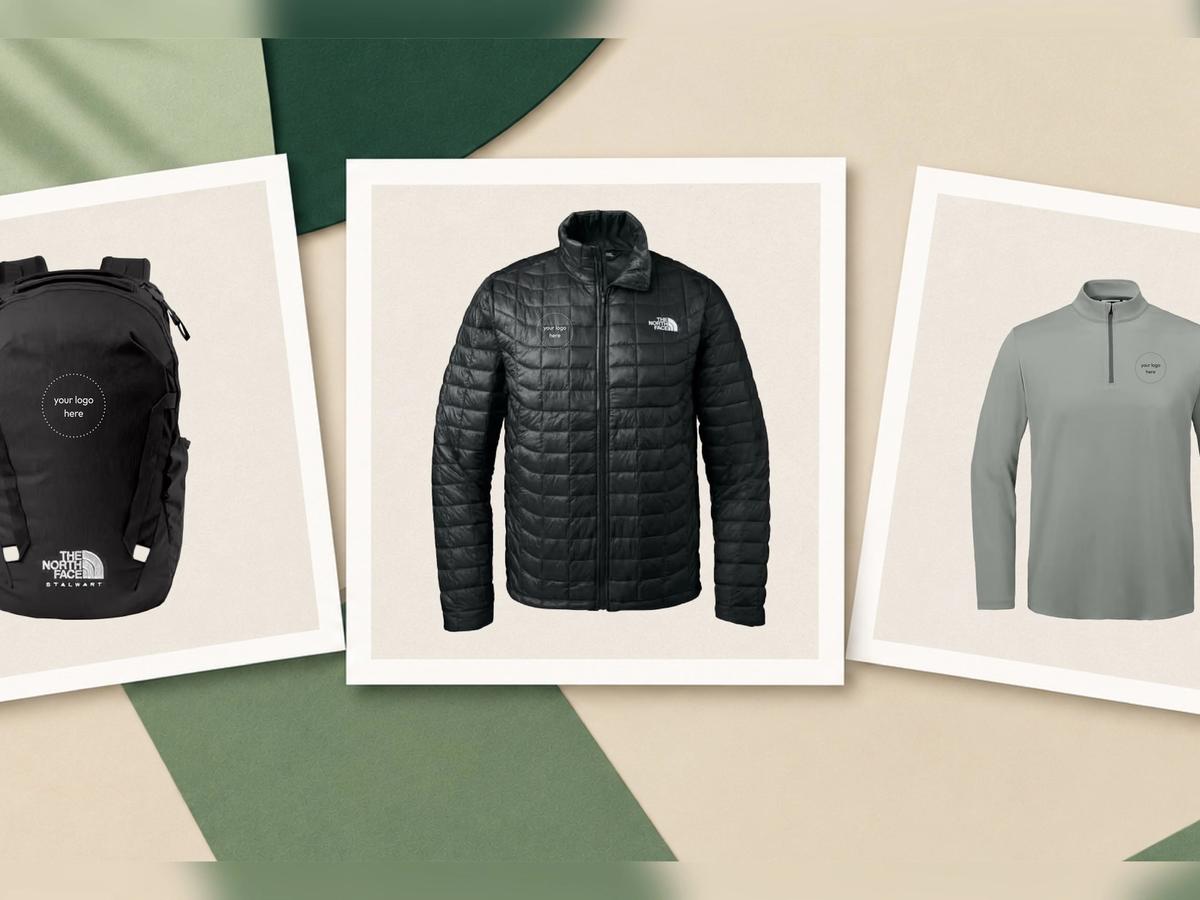The North Face backpack, ThermoBall jacket, and quarter-zip shown with placeholder corporate logos.