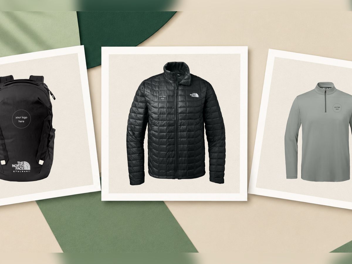 The North Face backpack, ThermoBall jacket, and quarter-zip shown with placeholder corporate logos.