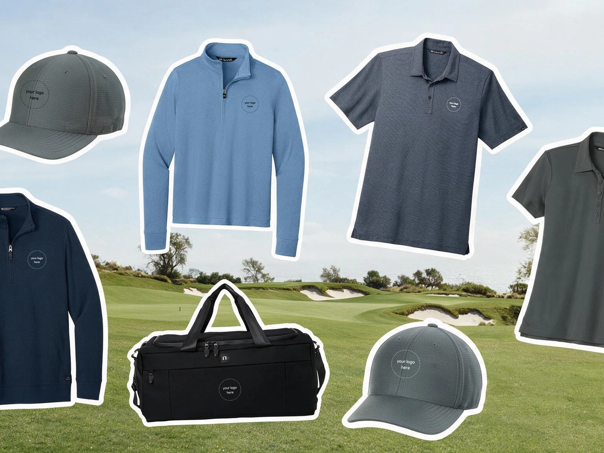 TravisMathew polos, quarter zips, caps, and a duffel with logo placeholders on a golf course backdrop.