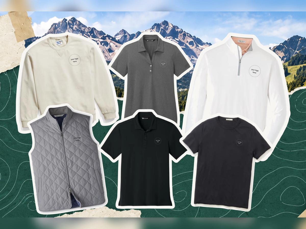 Custom corporate apparel alternatives to Lululemon: crewneck, polos, quarter-zip, quilted vest, and tee.
